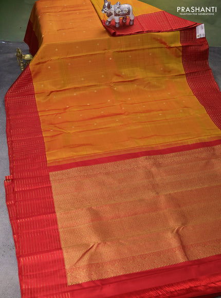 Pure kanchipuram silk saree mango yellow and red with zari woven buttas and zari woven checked pattern