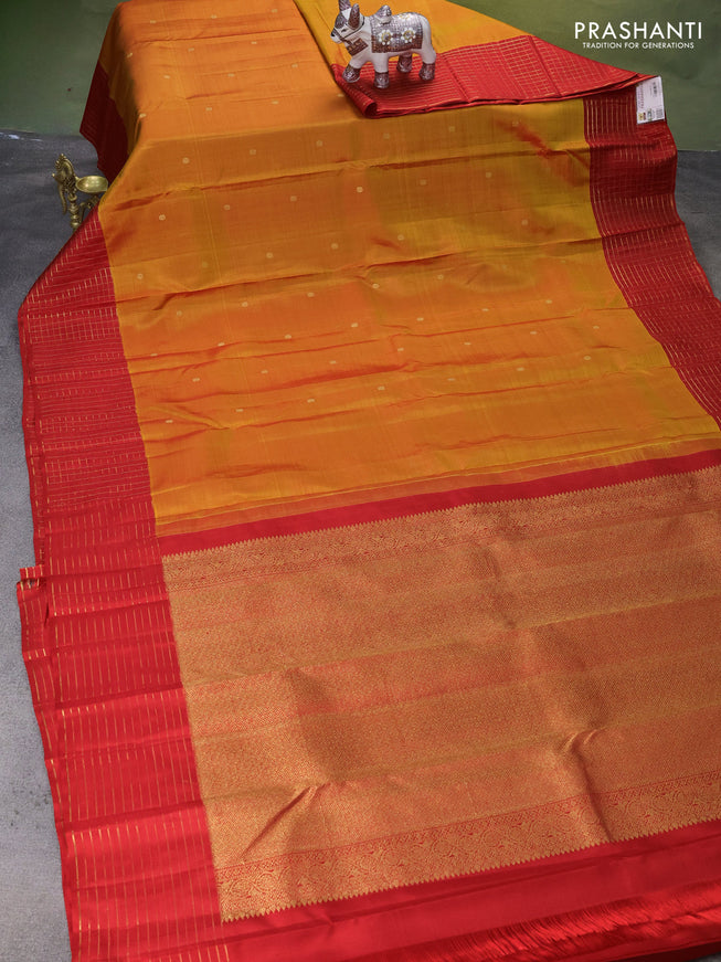 Pure kanchipuram silk saree mango yellow and red with zari woven buttas and zari woven checked pattern