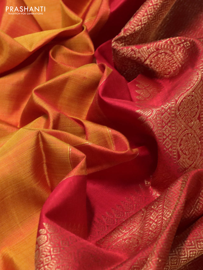 Pure kanchipuram silk saree mango yellow and red with zari woven buttas and zari woven checked pattern