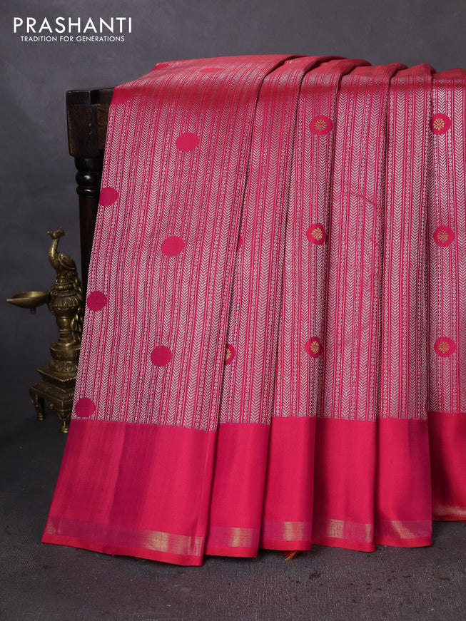 Pure kanchipuram silk saree pink with allover silver zari woven brocdae weaves and simple zari woven border