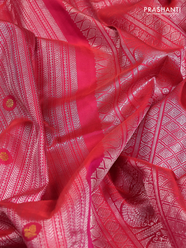 Pure kanchipuram silk saree pink with allover silver zari woven brocdae weaves and simple zari woven border