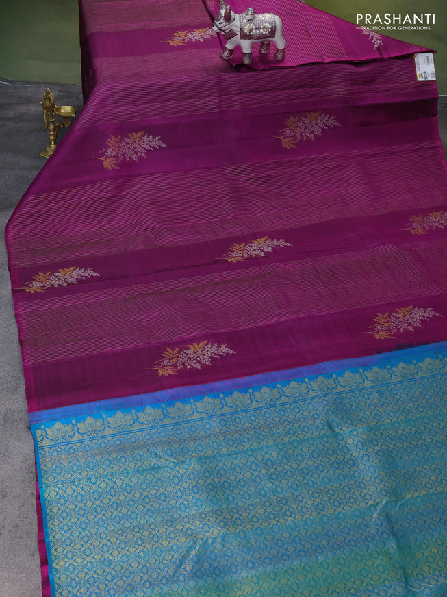 Pure kanchipuram silk saree purple and teal green with allover zari weaves & buttas in borderless style
