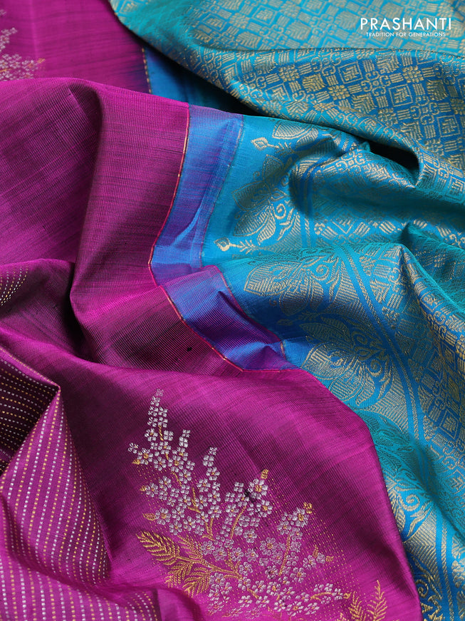 Pure kanchipuram silk saree purple and teal green with allover zari weaves & buttas in borderless style
