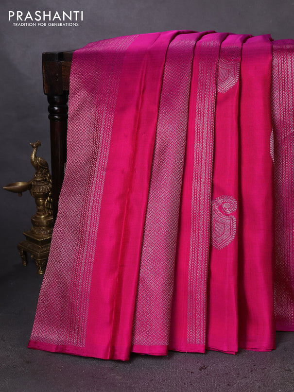 Pure kanchipuram silk saree pink and green with allover zari weaves & buttas in borderless style