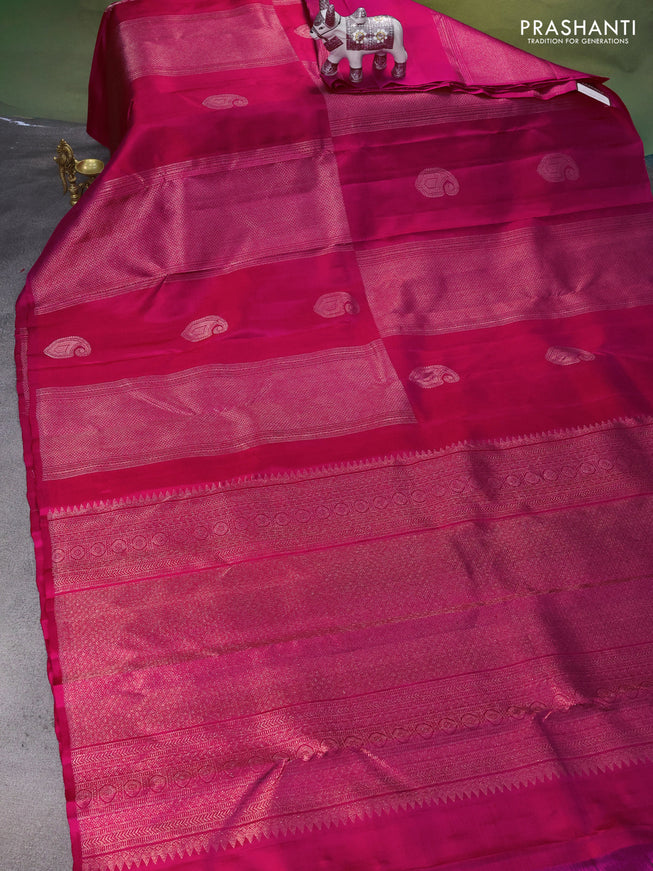 Pure kanchipuram silk saree pink and green with allover zari weaves & buttas in borderless style