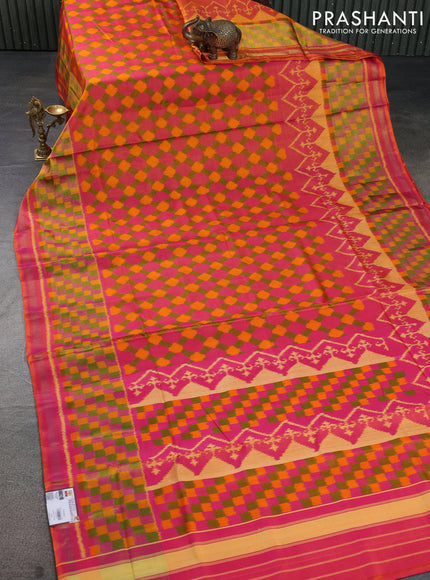 Rajkot patola silk saree dual shade of pinkish orange with allover ikat weaves and ikat woven zari border