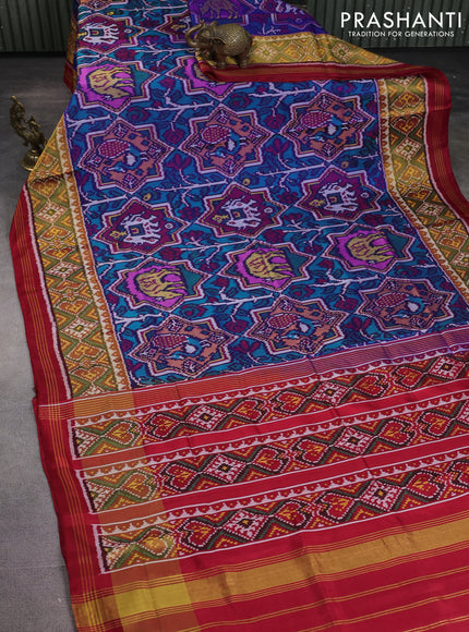 Rajkot patola silk saree blue and red with allover patola weaves and ikat woven zari border