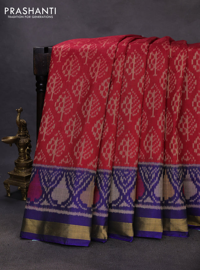 Rajkot patola silk saree maroon and blue with allover ikat butta weaves and ikat woven zari border