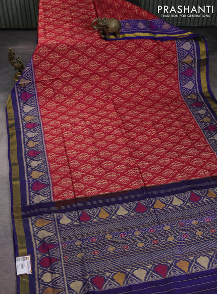 Rajkot patola silk saree maroon and blue with allover ikat butta weaves and ikat woven zari border