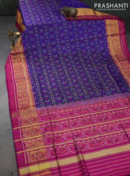 Rajkot patola silk saree blue and pink with allover patola weaves and ikat woven zari border