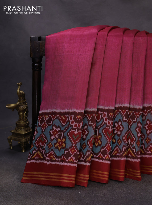 Rajkot patola silk saree pink shade and maroon with plain body and long ikat woven border