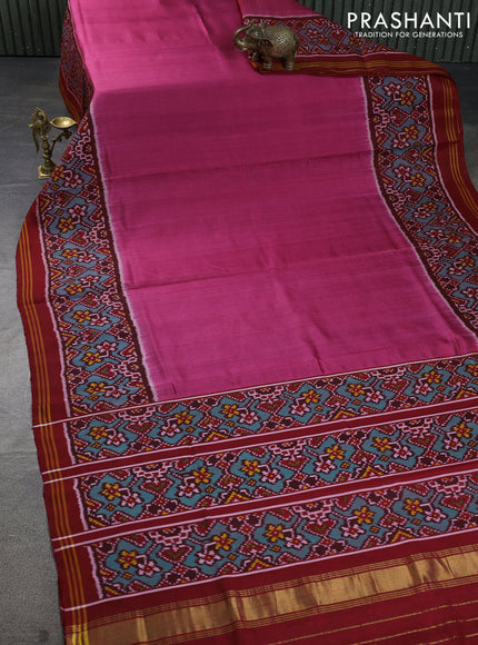 Rajkot patola silk saree pink shade and maroon with plain body and long ikat woven border