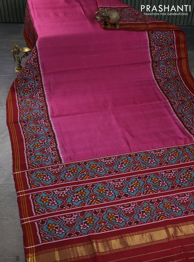 Rajkot patola silk saree pink shade and maroon with plain body and long ikat woven border