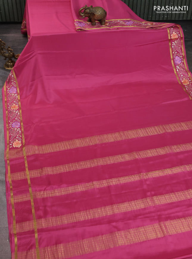 Pure mysore silk saree pink with plain body and floral embroidery cut work border
