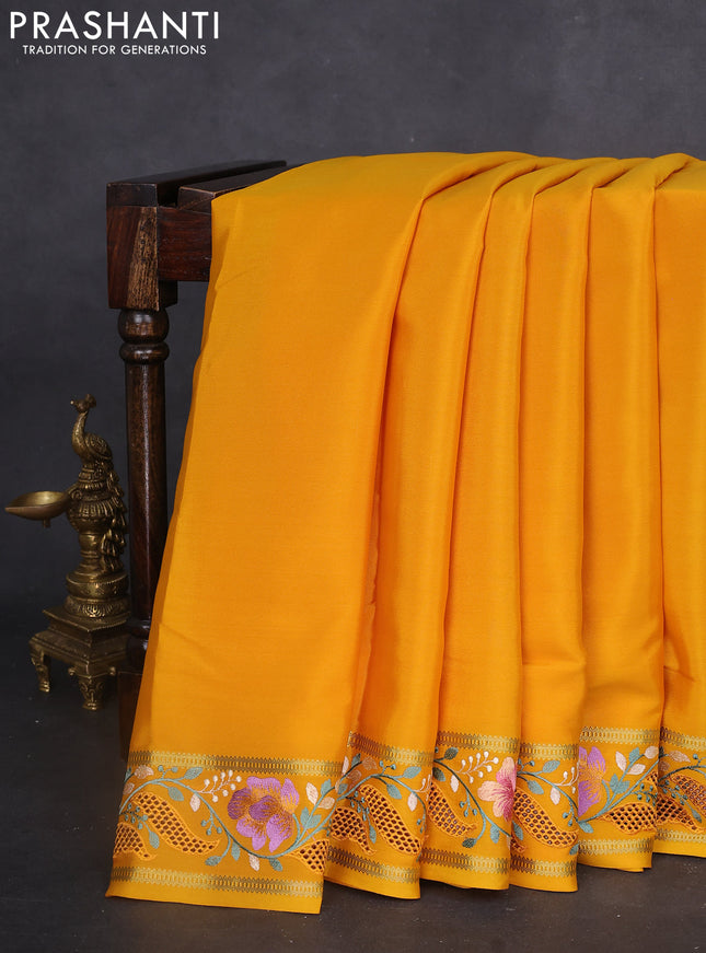 Pure mysore silk saree mustard yellow with plain body and floral embroidery cut work border