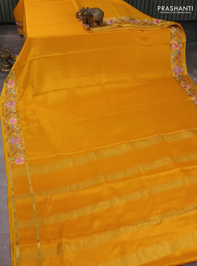Pure mysore silk saree mustard yellow with plain body and floral embroidery cut work border