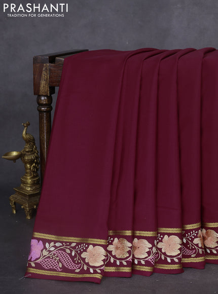 Pure mysore silk saree maroon with plain body and floral embroidery cut work border
