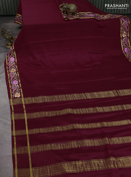 Pure mysore silk saree maroon with plain body and floral embroidery cut work border