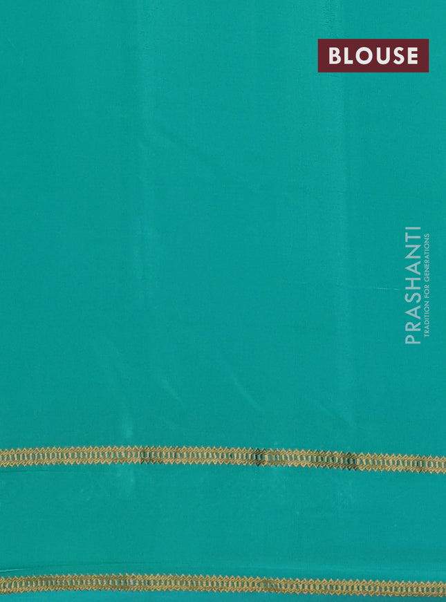 Pure mysore silk saree teal blue with plain body and floral embroidery cut work border