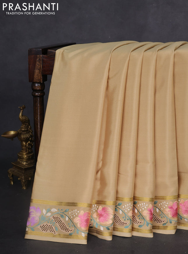 Pure mysore silk saree sandal with plain body and floral embroidery cut work border