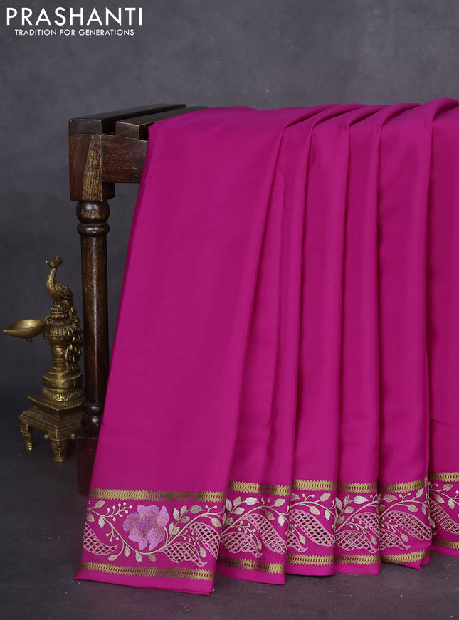 Pure mysore silk saree pink with plain body and floral embroidery cut work border