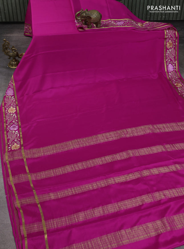 Pure mysore silk saree pink with plain body and floral embroidery cut work border