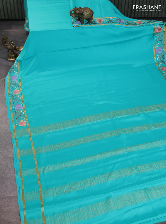 Pure mysore silk saree teal blue with plain body and floral embroidery cut work border