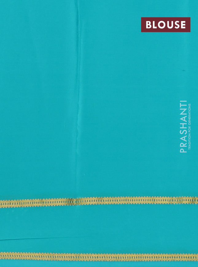 Pure mysore silk saree teal blue with plain body and floral embroidery cut work border