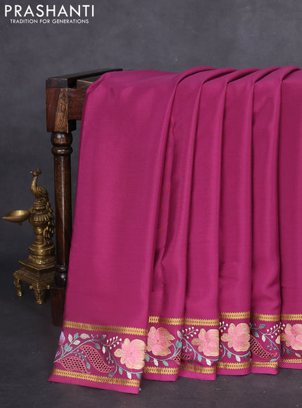 Pure mysore silk saree wine shade with plain body and floral embroidery cut work border