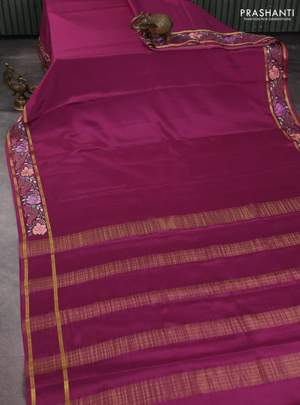 Pure mysore silk saree wine shade with plain body and floral embroidery cut work border