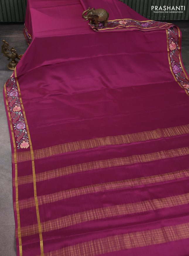 Pure mysore silk saree wine shade with plain body and floral embroidery cut work border