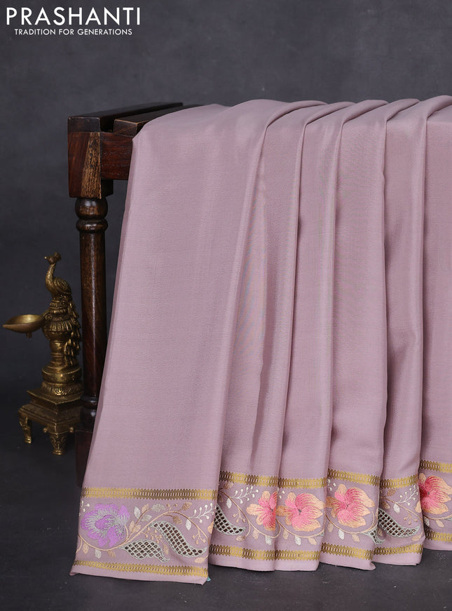 Pure mysore silk saree pastel brown shade with plain body and floral embroidery cut work border
