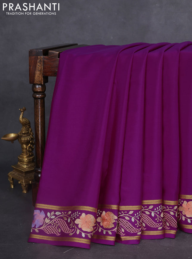Pure mysore silk saree purple with plain body and floral embroidery cut work border