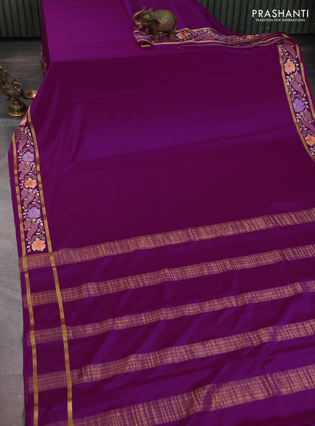 Pure mysore silk saree purple with plain body and floral embroidery cut work border