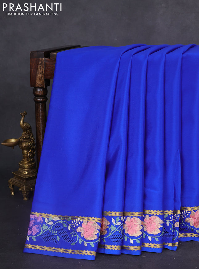 Pure mysore silk saree royal blue with plain body and floral embroidery cut work border