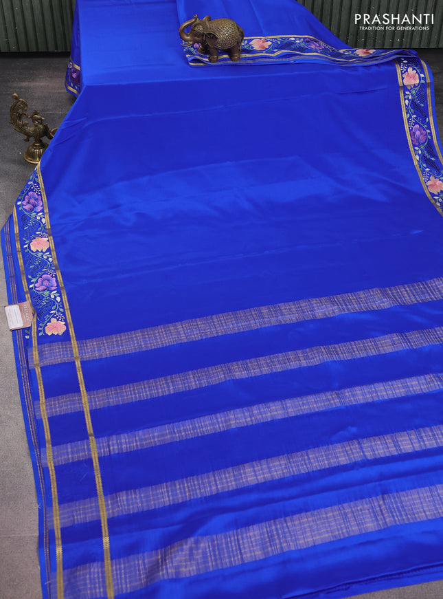 Pure mysore silk saree royal blue with plain body and floral embroidery cut work border