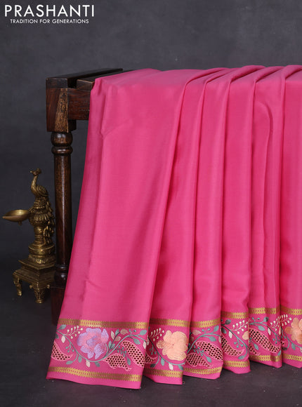 Pure mysore silk saree peach pink with plain body and floral embroidery cut work border