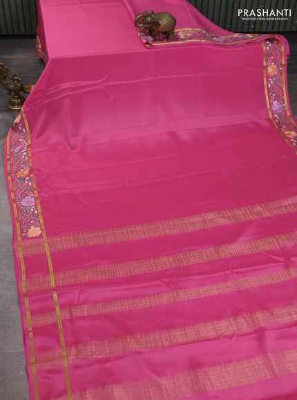 Pure mysore silk saree peach pink with plain body and floral embroidery cut work border