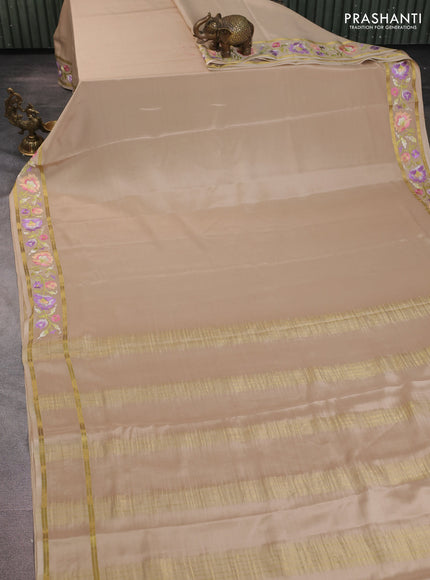 Pure mysore silk saree beige with plain body and floral embroidered zari border