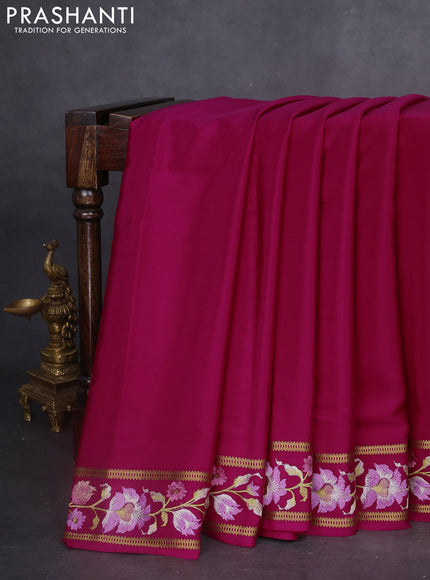 Pure mysore silk saree pink with plain body and floral embroidered zari border