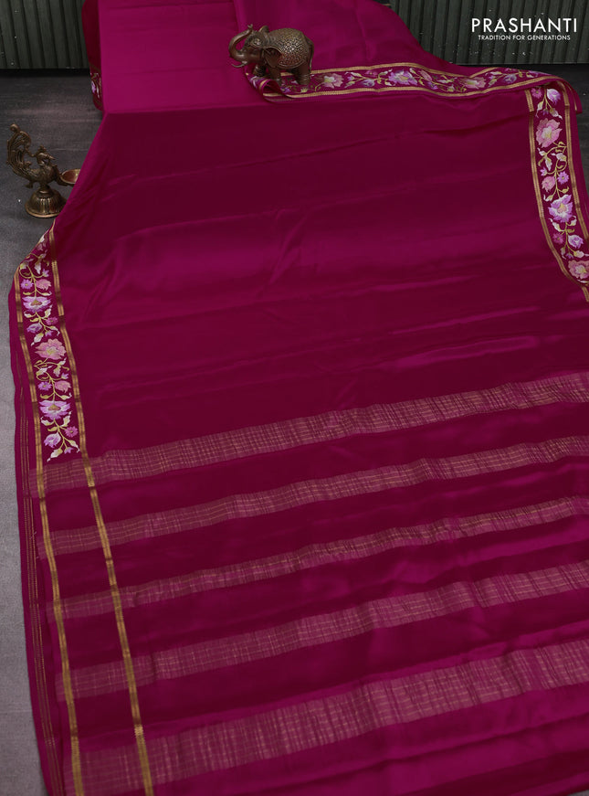 Pure mysore silk saree pink with plain body and floral embroidered zari border