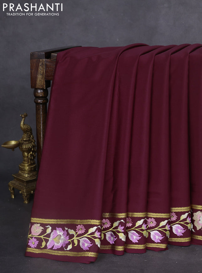 Pure mysore silk saree deep maroon with plain body and embroidered zari border