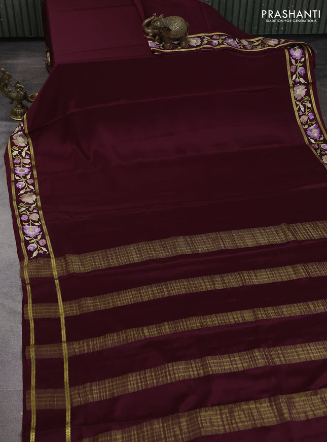 Pure mysore silk saree deep maroon with plain body and embroidered zari border