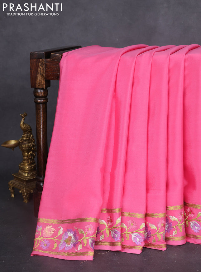 Pure mysore silk saree peach pink with plain body and floral embroidered zari border