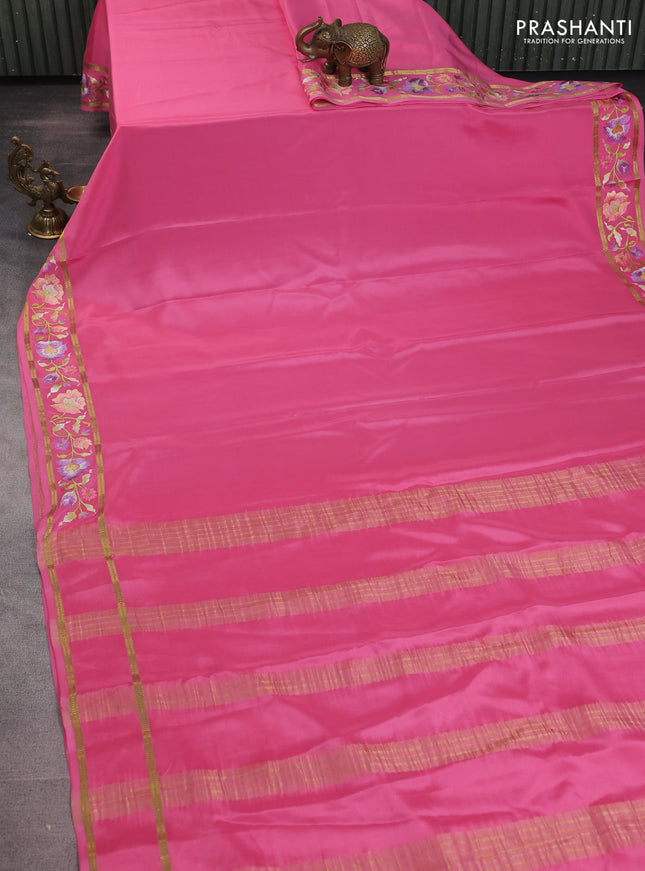 Pure mysore silk saree peach pink with plain body and floral embroidered zari border