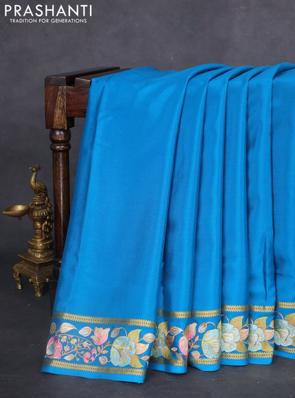 Pure mysore silk saree cs blue with plain body and embroidered zari border