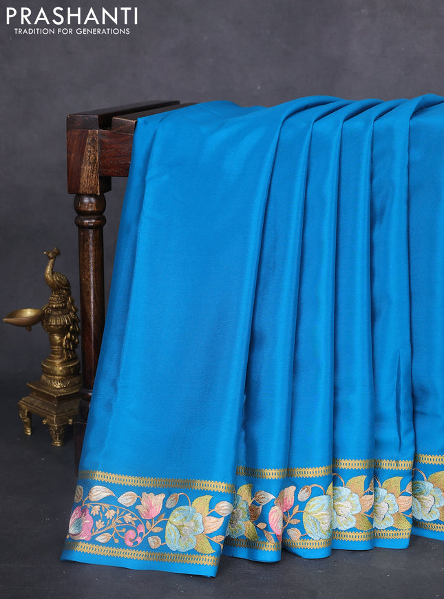 Pure mysore silk saree cs blue with plain body and embroidered zari border