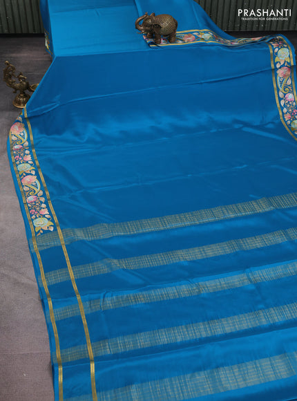 Pure mysore silk saree cs blue with plain body and embroidered zari border