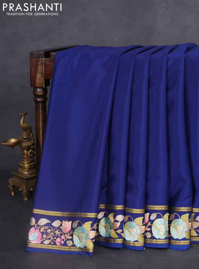 Pure mysore silk saree dark blue with plain body and embroidered zari border