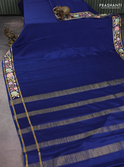 Pure mysore silk saree dark blue with plain body and embroidered zari border